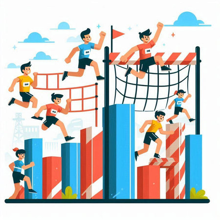 People in sportswear running on a bar graph. Flat vector illustration.のイラスト素材
