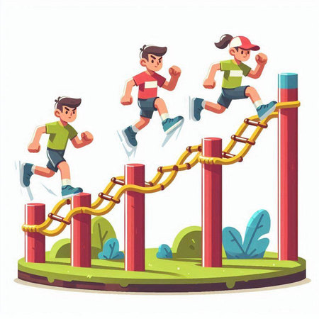 Children running up the stairs in the park. Cartoon vector illustration.のイラスト素材