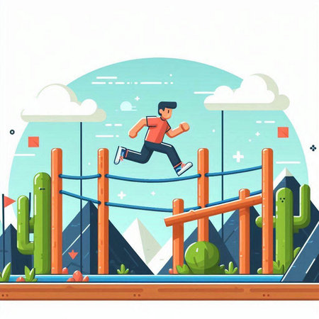 Vector illustration of a man jumping over obstacle. Flat style design.のイラスト素材