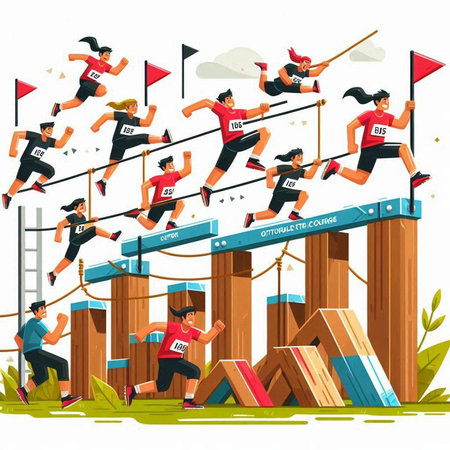 Vector illustration of a group of people running on a obstacle course.のイラスト素材