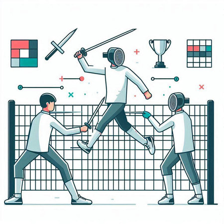 Fencing competition. Fencing match. Vector illustration in cartoon styleのイラスト素材