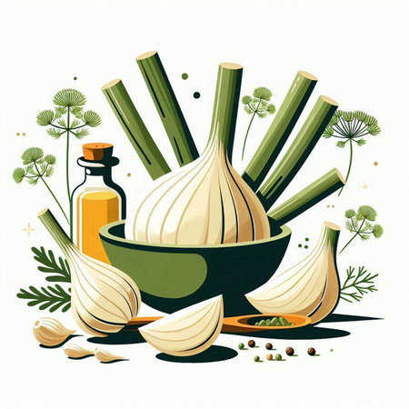 Garlic, oil and spices in a bowl. Vector illustration.のイラスト素材