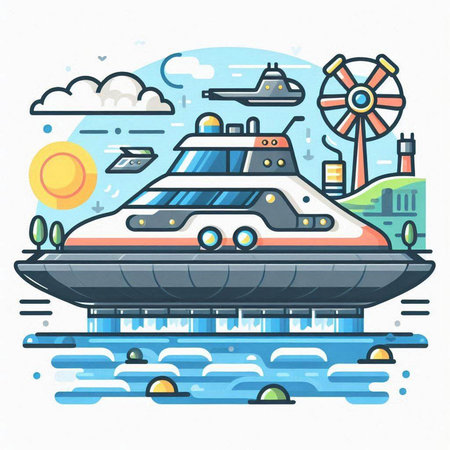 Water transport. Vector illustration in line art style on white background.のイラスト素材