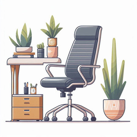 Office workplace with armchair, desk and plants. Vector illustration in cartoon style.のイラスト素材