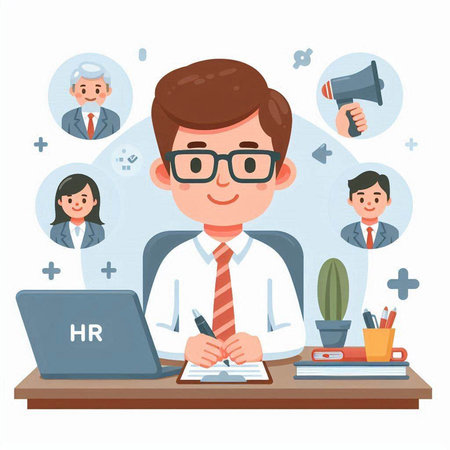 Businessman working at the office. Vector illustration in cartoon style.のイラスト素材