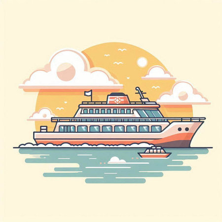 Cruise ship on the sea. Vector illustration in flat style.のイラスト素材