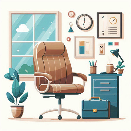 Office interior with armchair, bookshelf, clock and plants. Vector illustrationのイラスト素材