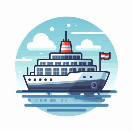 Cruise ship on the water. Vector illustration in flat style.のイラスト素材