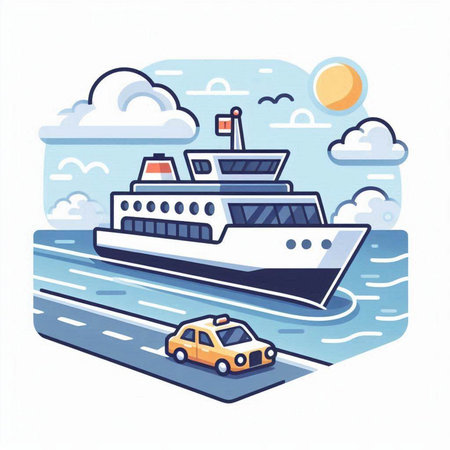 Cruise ship on the sea. Vector illustration in flat style.のイラスト素材