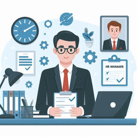 Businessman working in the office. Vector illustration in flat style.のイラスト素材