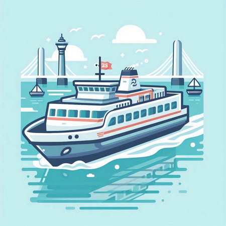 Cruise ship on the sea. Vector illustration in flat style.のイラスト素材