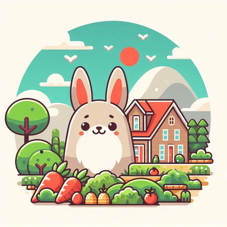 Cute cartoon rabbit on the background of the village. Vector illustration.のイラスト素材