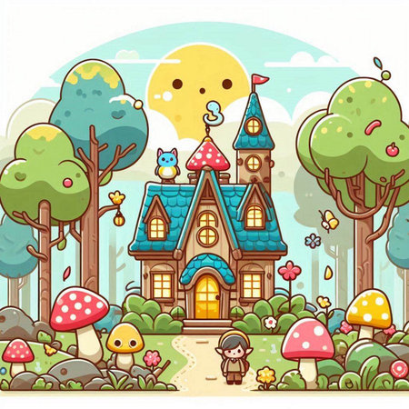 Cute cartoon fairy tale house in the forest. Vector illustration.のイラスト素材