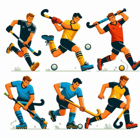 Set of vector illustrations of hockey players in action isolated on white background.のイラスト素材