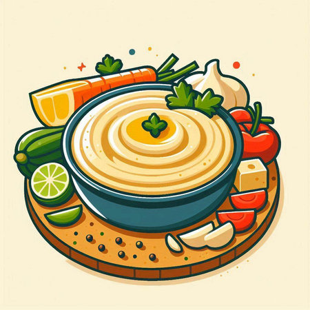 Hummus in bowl with ingredients on wooden board. Vector illustration.のイラスト素材