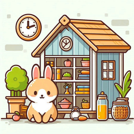 Cute cartoon illustration of a dog in front of a wooden houseのイラスト素材