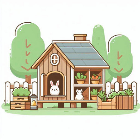 Vector illustration of a wooden house with a rabbit in the garden.のイラスト素材