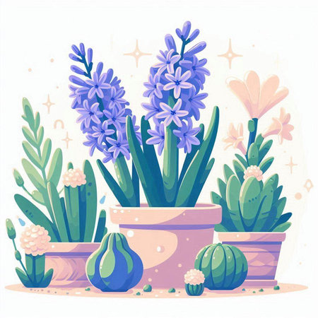 Illustration of hyacinths in pots. Vector illustration.のイラスト素材