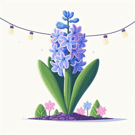 Blue hyacinth flower with garland lights. Vector illustration.のイラスト素材
