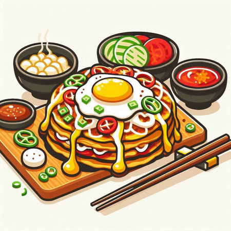 Illustration of a Japanese wok with eggs and vegetables on a plateのイラスト素材