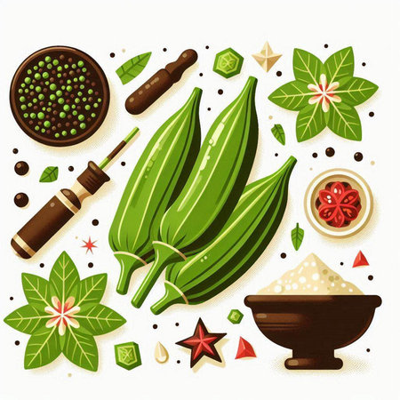 Set of fresh okra and spices. Vector illustration in flat style.のイラスト素材