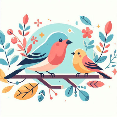 Cute birds on branch with flowers and leaves. Vector illustration.のイラスト素材
