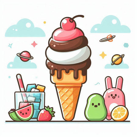 Ice cream in waffle cone with fruits and berries. Vector illustration.のイラスト素材