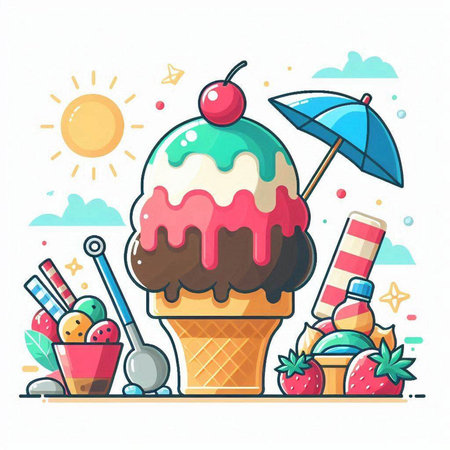 Ice cream vector illustration. Ice cream in a waffle cone, strawberry, cherry, ice cream scoop and umbrella.のイラスト素材