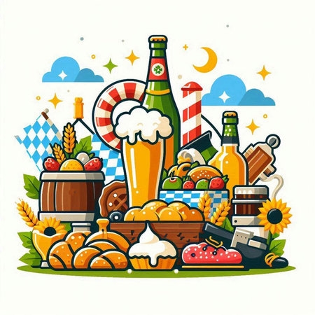 Oktoberfest festival. Vector illustration of beer, snacks, food and drinks.のイラスト素材