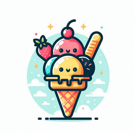 Ice cream vector illustration. Cute cartoon ice cream in cone icon.のイラスト素材