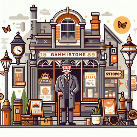 Vector illustration of a gothic shop with a man in a hatのイラスト素材
