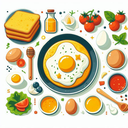 Breakfast with fried eggs, bread and vegetables. Vector illustration.のイラスト素材