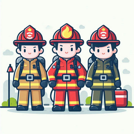Firefighter and fireman team in uniform. Vector cartoon illustration.のイラスト素材