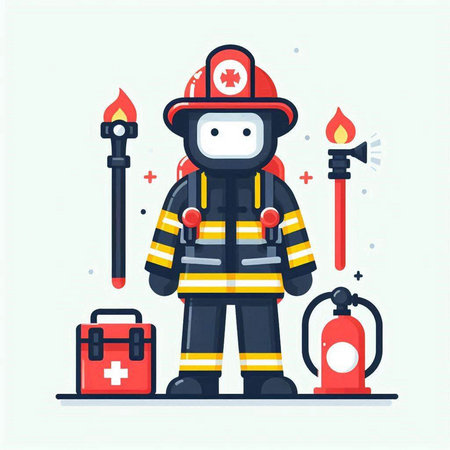 Fireman with fire extinguisher. Vector illustration in flat style.のイラスト素材