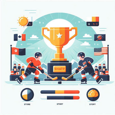 Hockey tournament flat vector illustration. Cartoon hockey players on ice with trophy cup.のイラスト素材