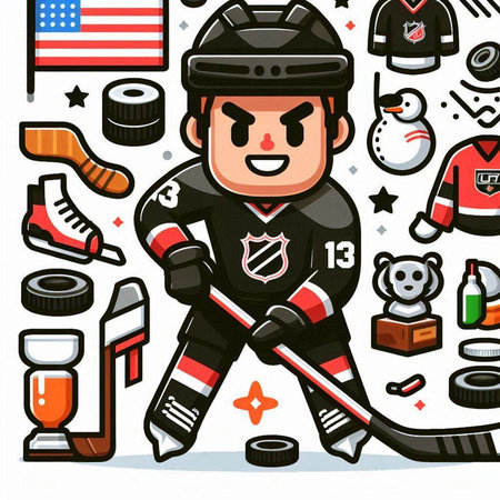 Cartoon hockey player with a set of icons. Vector illustration.のイラスト素材