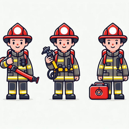 Fireman and fireman in different poses. Cartoon vector illustration.のイラスト素材