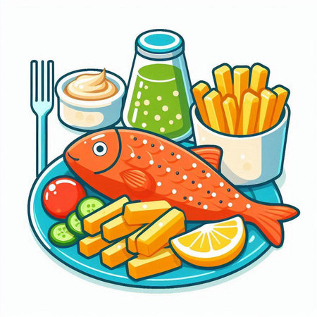 Fish with french fries and sauce on a plate. Vector illustration.のイラスト素材