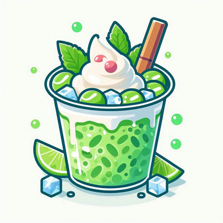 Green smoothie with ice cream, mint and cinnamon. Vector illustration.のイラスト素材
