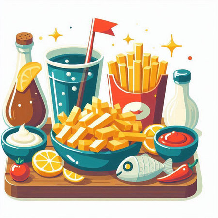 Vector illustration of a set of different types of French fries and sauces.のイラスト素材
