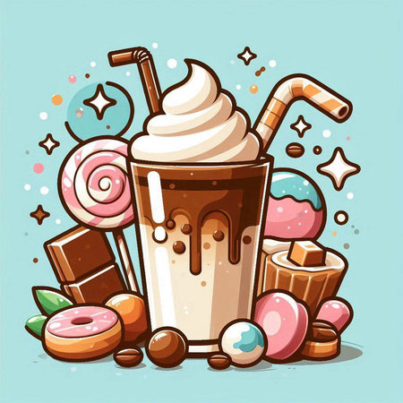 Illustration of a chocolate milkshake with candies and sweetsのイラスト素材