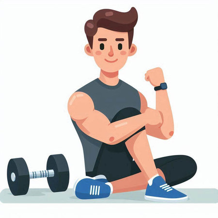 Young man doing exercise with dumbbells. Vector illustration in cartoon styleのイラスト素材