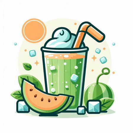 Melon smoothie in a glass with ice cubes. Vector illustration.のイラスト素材