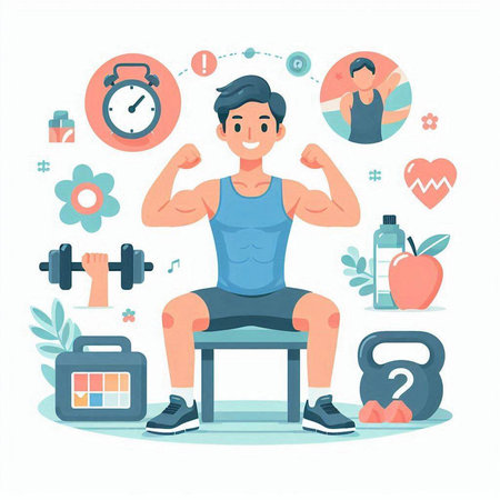 Fitness and healthy lifestyle. Vector illustration in flat cartoon style.のイラスト素材