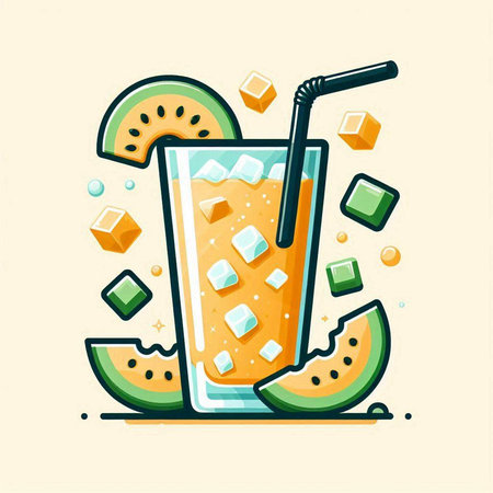 Cocktail with ice cubes, watermelon and melon. Vector illustrationのイラスト素材