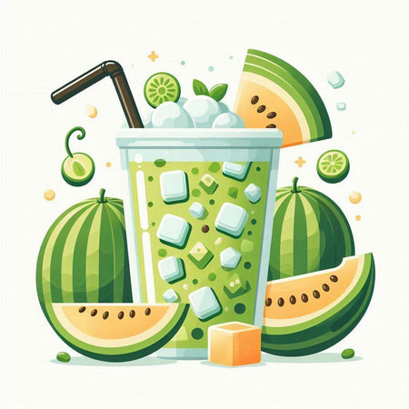 Watermelon smoothie in a glass with ice cubes and mint. Vector illustration.のイラスト素材
