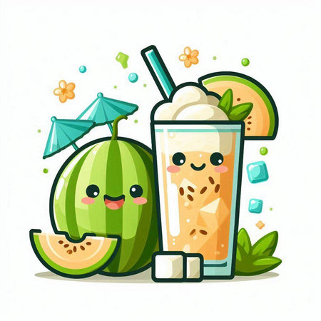 Cute cartoon watermelon and melon smoothie vector illustration.のイラスト素材