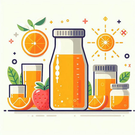 Orange juice in a glass bottle. Flat design. Vector illustration.のイラスト素材