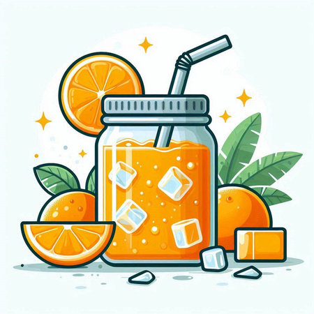 Orange smoothie in a glass jar with ice cubes and orange slices. Vector illustration.のイラスト素材