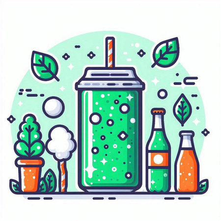 Green smoothie in a plastic cup. Vector illustration in a flat style.のイラスト素材